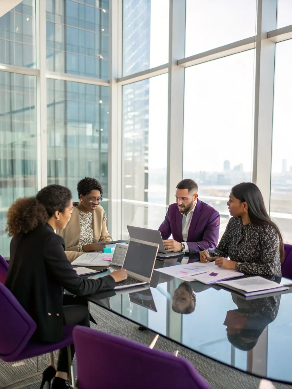 A diverse team of consultants collaborating on a financial strategy, showcasing Dawn of Bosa's comprehensive approach to client solutions.
