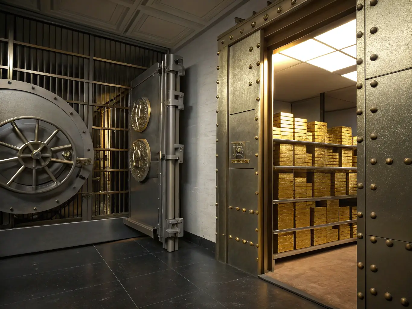 An elegant, secure vault filled with gold bars and valuable assets, representing the concept of wealth preservation and protection.