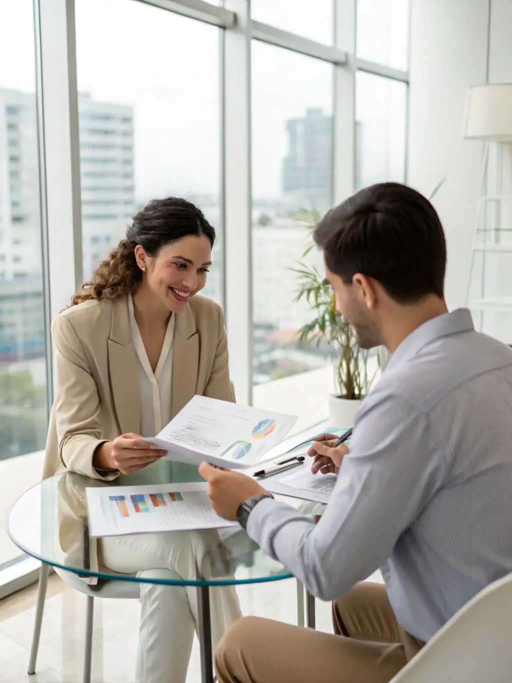 An image of a young entrepreneur reviewing a business plan with a consultant, with charts and graphs in the background, symbolizing Dawn of Bosa's Start-up Advisory services.