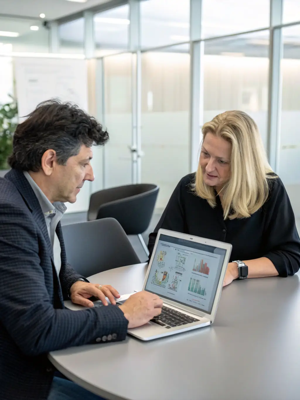 An image of a financial advisor discussing investment portfolios with a client, with charts showing growth trends, illustrating Dawn of Bosa's Financial Planning & Wealth Management services.