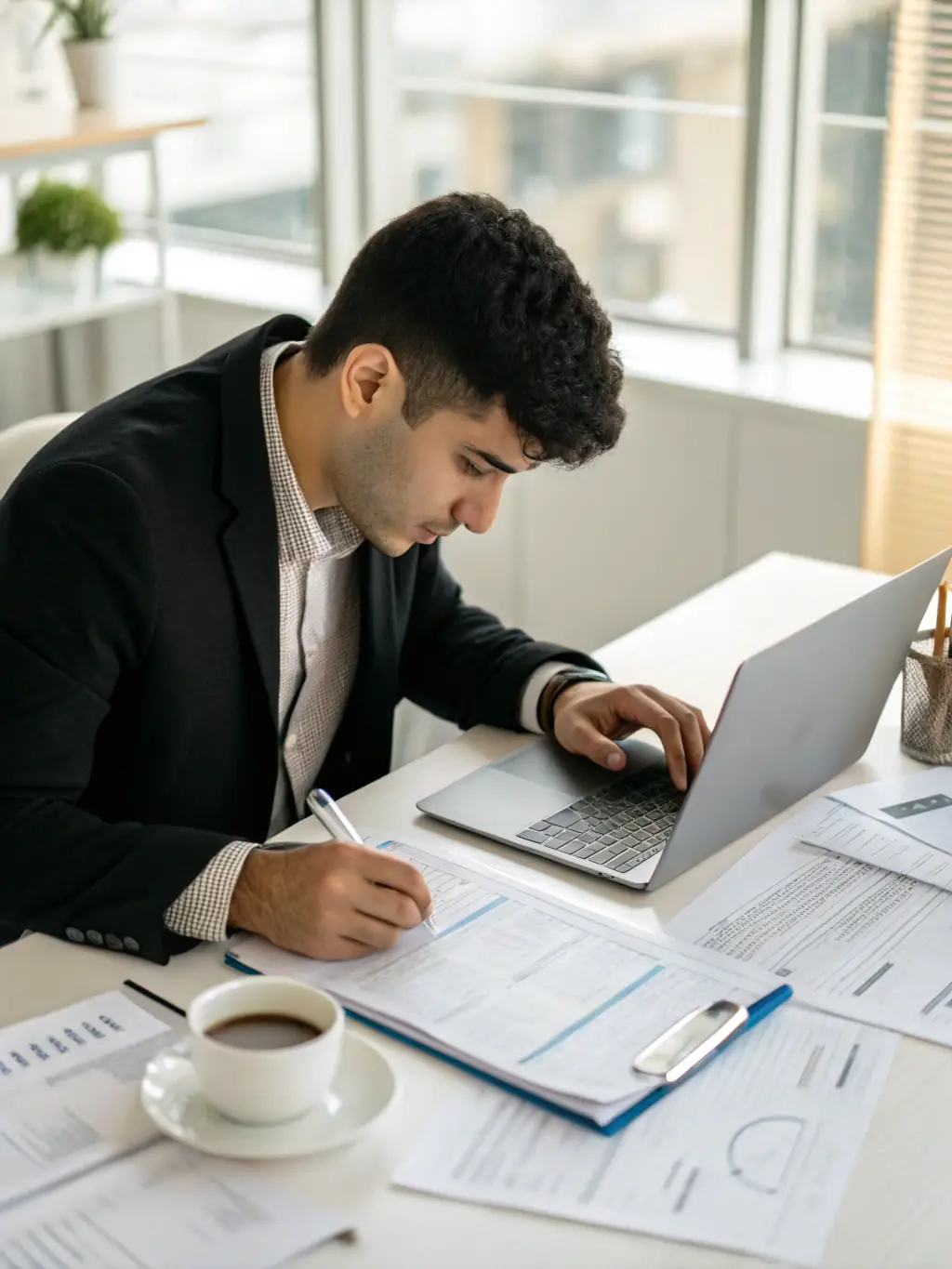 An image of a professional accountant working on financial documents with a laptop, surrounded by financial reports and spreadsheets, representing Dawn of Bosa's Accounting & Bookkeeping services.