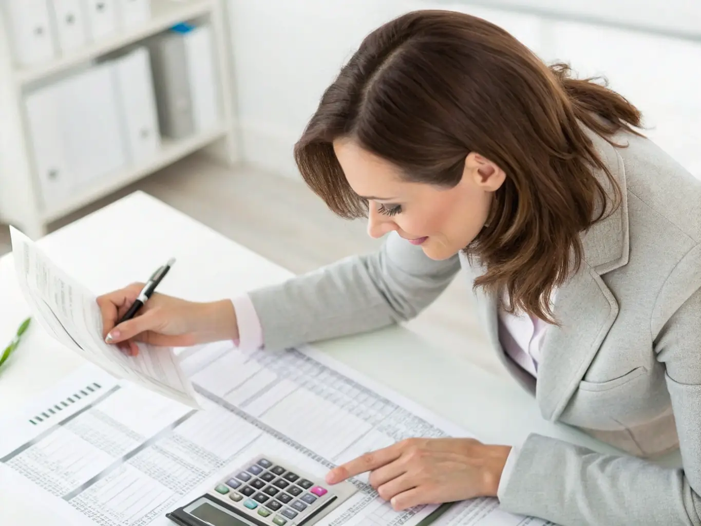 A tax professional preparing tax returns with attention to detail, ensuring compliance and maximizing deductions for a business client.