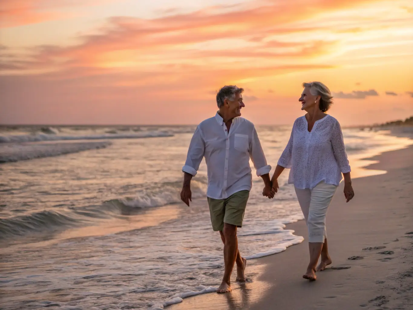 A serene image of a couple enjoying their retirement years, walking on a beach at sunset, symbolizing financial freedom and peace of mind.