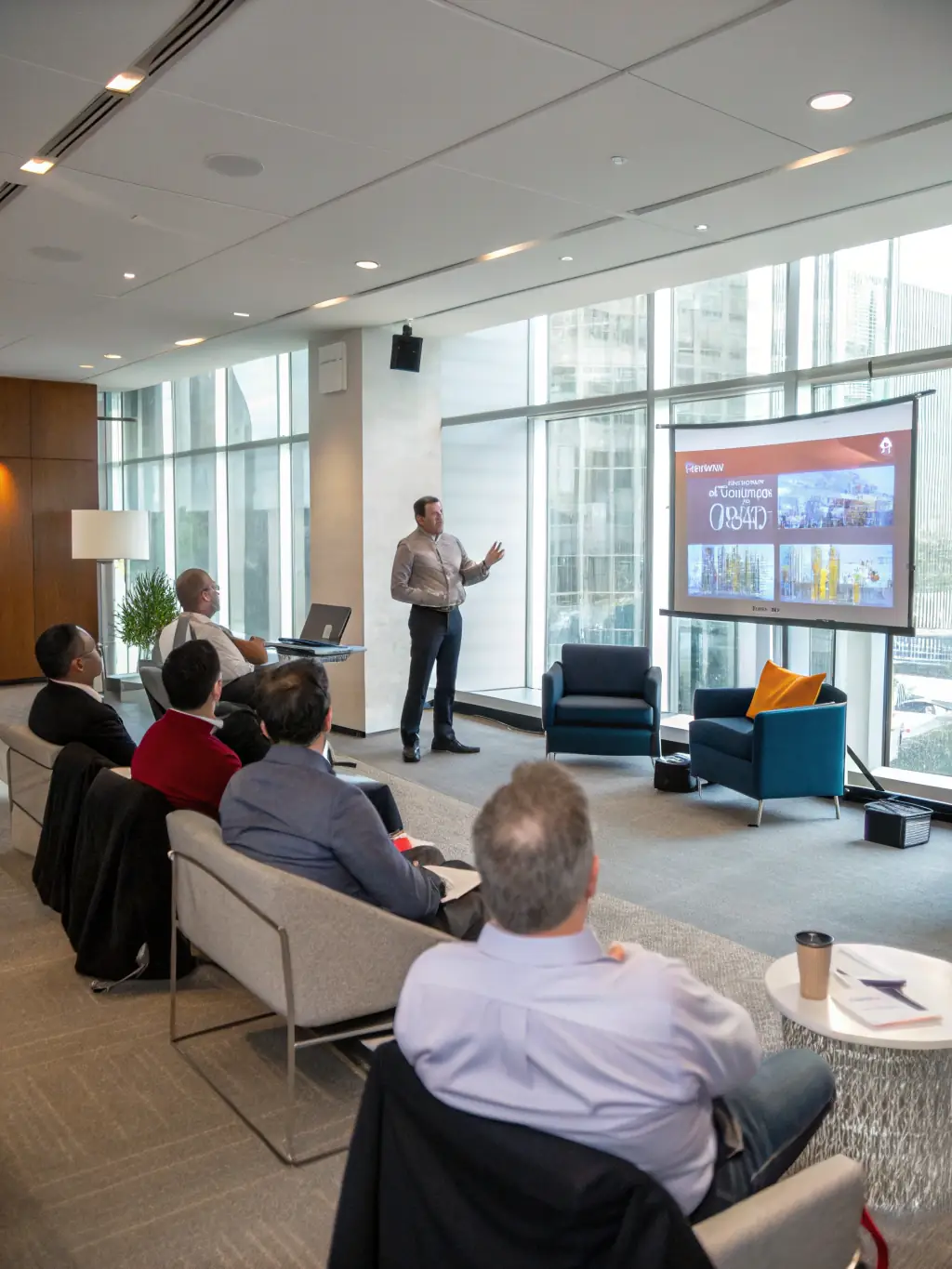 A professional entrepreneur in a suit, confidently presenting a business plan to potential investors in a modern office setting, emphasizing the clarity and strategic thinking involved in Dawn of Bosa's business plan development services.